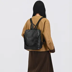 Stilvoller schwarzer Kunstleder Rucksack für Damen, multifunktionale Pendler-Tasche