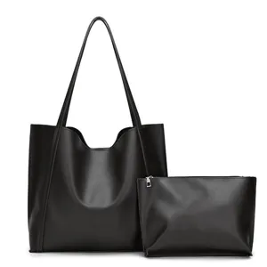 Sac cabas minimaliste en cuir texturé noir pour femme avec pochette intérieure assortie incluse