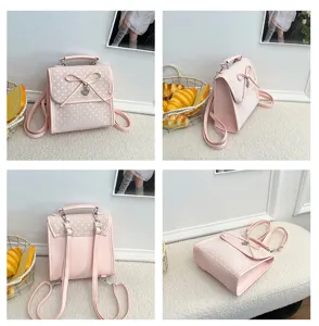 Detailed multi-angle views of a sweet pink polka dot backpack with bow and heart charm