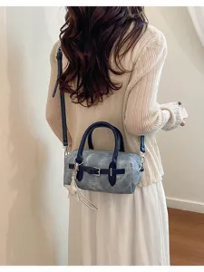Stylish retro cotton linen patchwork pillow bag with star charm and silver buckle detail