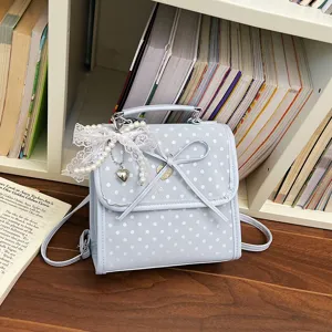 Korean Sweet Polka Dot Backpack For Women Mini PU Leather School Bag With Bow Pearl Pendant Casual Daily Commuter Small Backpack
