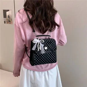 Korean sweet style black polka dot mini backpack with elegant lace bow decoration