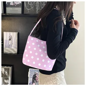 Bolso de hombro de lona rosa y blanco con lunares para mujer