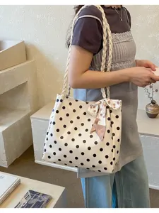Large capacity polka dot tote bag with braided straps and decorative scarf