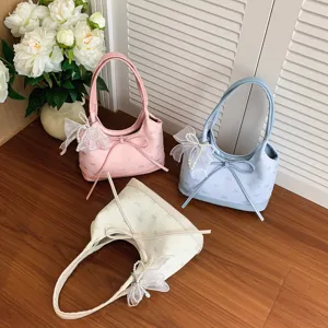 Borsa Sottobraccio con Fiocco alla Moda Elegante Borsa a Spalla in Tessuto Donna Borsa a Mano con Ciondolo a Perla Dolce per Ufficio Pendolarismo Estate Primavera