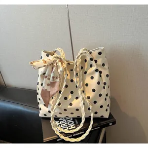 Large capacity polka dot tote bag for women featuring braided strap and scarf decoration