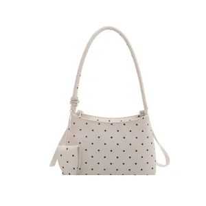 Elegante bolso de hombro vintage blanco con lunares para mujer y estuche a juego