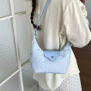 Sac à bandoulière élégant en croissant bleu clair avec motif d'étoiles de style français