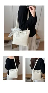 Vedute dettagliate di una borsa tote da ufficio color crema da diverse angolazioni
