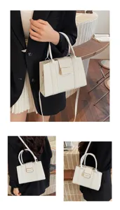 Detail shots of a white leather crossbody bag with gold fashion logo plaque from various angles
