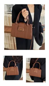 Close-up detail views of a brown pebbled leather tote bag with top handles and strap