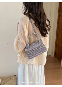 Vista dettagliata di una elegante borsa a mano quadrata intrecciata indossata da una modella