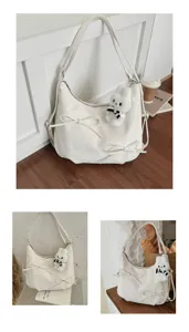 White bowknot tote bag with plush rabbit charm shown in various lifestyle settings.