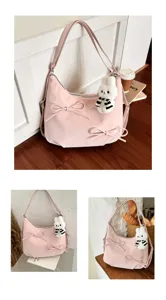 Collage showing various lifestyle scenes of the pink bowknot tote bag with bunny charm.