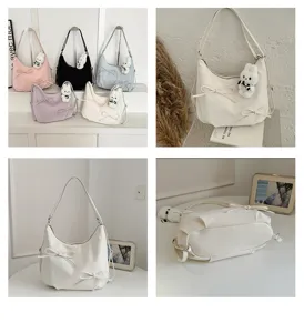 Multi-angle details of fashionable bow tote bag featuring a cute rabbit charm