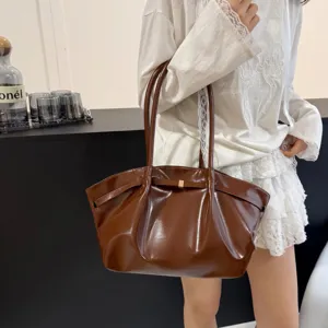 Sac fourre-tout marron brillant élégant à grande capacité pour femme, bandoulière