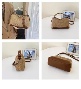 Dettagli multi-angolo della borsa da spiaggia in paglia con finiture in pelle e tracolla
