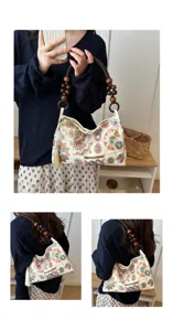 Vista multi-angolo di una borsa tote ricamata in stile cinese con manico in legno