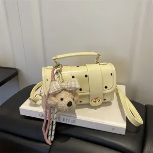 Niche Girly Polka Dot Pillow Bag Versatile Handbag Women Summer PU Leather Cute Crossbody Small Square Bag With Plush Pendant