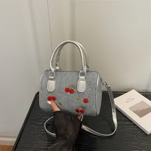 Women Cherry Embroidery Denim Boston Bag Fashion PU Large Capacity Handbag Shoulder Crossbody Bag Casual Urban Style