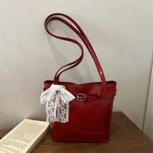 Borsa a Secchiello a Spalla in Pelle PU a Grande Capacità Con Fibbia a Cintura Fiocco in Pizzo Tote per Donna Moda Casual
