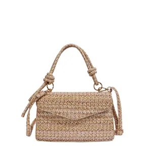 Borsa a tracolla casual in paglia intrecciata da donna con manico a nodo