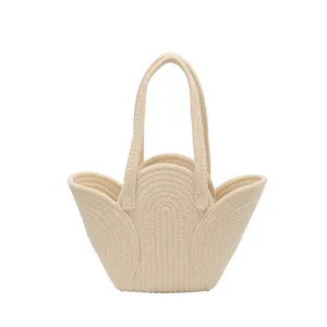 Sac cabas tissé en corde de coton crème fait main avec bord festonné unique