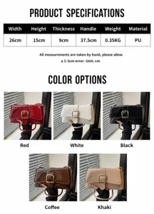 Detailed product size guide and color selection for this glossy PU leather underarm handbag.