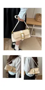 Detailed view showing wearing styles of a beige croc-embossed French baguette underarm bag