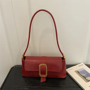 Women Stone Pattern Baguette Bag French Style Light Luxury PU Leather Shoulder Underarm Bag With Gold Chain Buckle Fashion Handbag