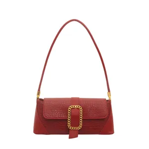 Elegant red crocodile pattern French baguette shoulder bag with gold chain buckle