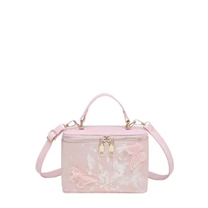 Elegante borsa a scatola in jacquard rosa con farfalla 3D e tracolla per spose e serate