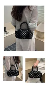 Multiple styling views of the black polka dot oval bag used as crossbody and handbag