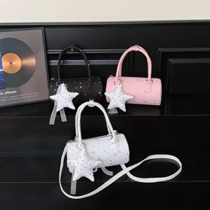 Sac Bandoulière Cylindre en PU à Imprimé Étoile pour Femme Petit Sac Oreiller Minimaliste avec Détail de Charme Étoile