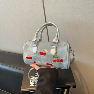 Women Denim Cherry Embroidery Boston Bag Fashion Casual Tote Shoulder Crossbody Handbag For Summer Daily Commute Ladies Purse