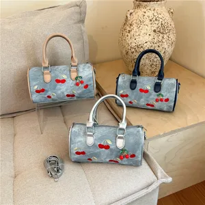 Stylish embroidered cherry denim Boston bags in three colors with adjustable shoulder strap
