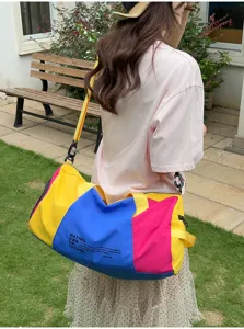 Trendy color-blocked large capacity travel duffel bag, lightweight sports gym bag for women.