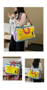 Borsa da viaggio in tela color-block, grande borsa da palestra con tasche multiple e tracolla.