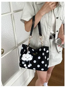 Large capacity polka dot canvas tote bag featuring cute cloud charm and golden chain straps