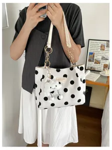 Stylish large capacity polka dot tote bag with a cute white cloud keychain charm