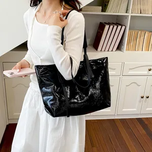 Stylish large capacity black glossy patent leather tote bag for women's daily commute