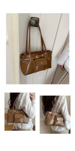 Retro brown soft leather tote bag for women with buckle detail and front pocket