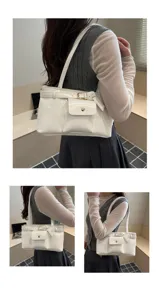 Detailed multi-angle view of a stylish white faux leather shoulder bag with buckle detail