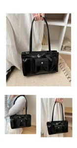 Detail and multi-angle views of a stylish vintage shiny black large capacity tote bag