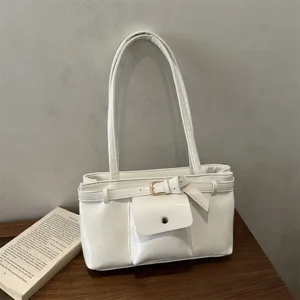 Retro white large capacity tote bag featuring a decorative buckle and small front pocket