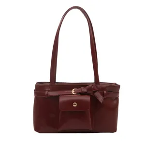 Vintage burgundy glossy soft leather tote bag for women commuting large capacity handbag