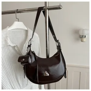 Vintage dark brown crescent hobo shoulder bag with metallic triangle buckle and small coin pouch