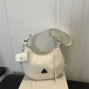 Women Urban Minimalist PU Leather Crescent Shoulder Bag Motorcycle Glossy Hobo Bag With Removable Mini Pouch Casual Crossbody Dumpling Bag