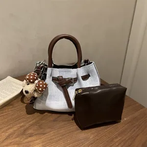 Retro Color Block Fabric Bucket Bag Large Capacity Shoulder Crossbody Bag With Top Handle Detachable Strap For Women Daily