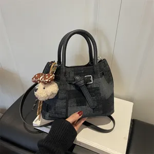 Retro patchwork bucket bag with high capacity and cute plush dog keychain charm